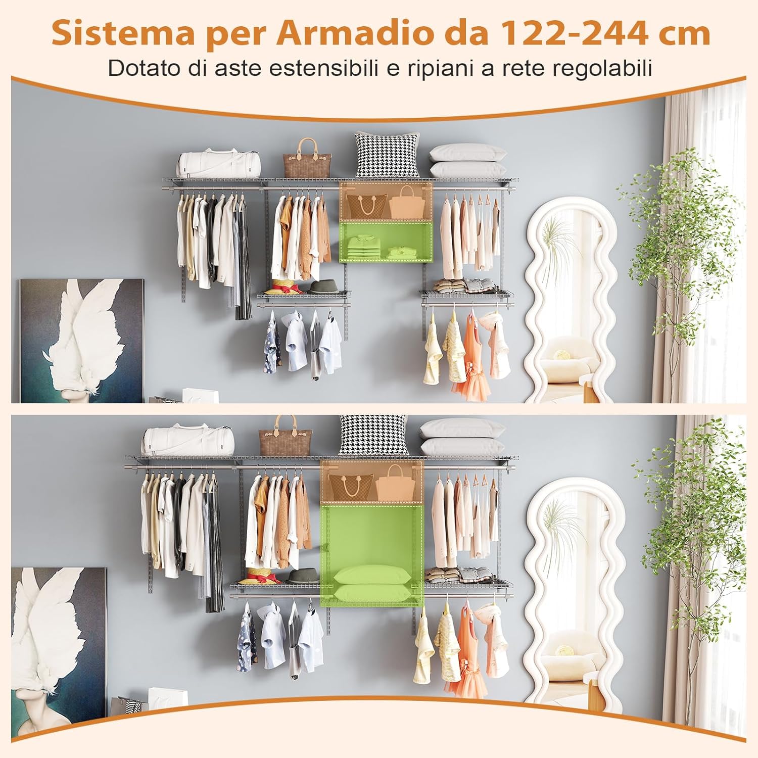 Guardaroba Parete 122-244 CM, Sistema di Organizzazione Regolabile con Asta Pendente, Appendiabiti Metallica, Sistema di Organizzazione e Stoccaggio Armadi per Camera da Letto (Grigio)