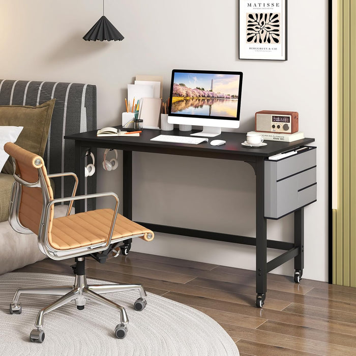 Scrivania per Ufficio e Casa, Scriviania con Ampio Piano, 4 Ruote Bloccabili, Borsa Rimovibile e Ganci per Cuffie, Scriviania per Computer di Metallo e Legno (Nero)