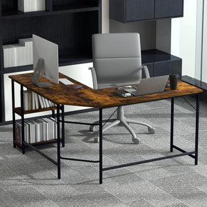 Scrivania Angolare 138 CM, Scrivania ad Angolo con 2 Prese, 2 Porte USB, Telaio in Acciaio al Carbonio e Ripiano a 2 Livelli Rimovibile, Scrivania Salvaspazio da Ufficio e Casa (Marrone)