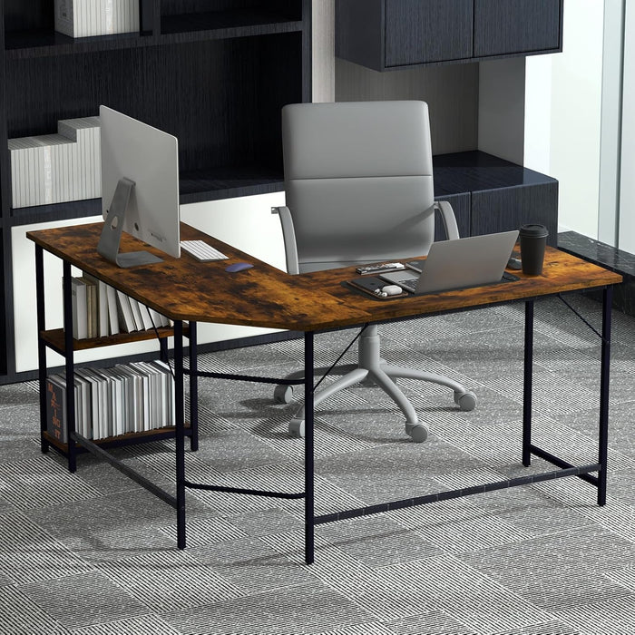 Scrivania Angolare 138 CM, Scrivania ad Angolo con 2 Prese, 2 Porte USB, Telaio in Acciaio al Carbonio e Ripiano a 2 Livelli Rimovibile, Scrivania Salvaspazio da Ufficio e Casa (Marrone)