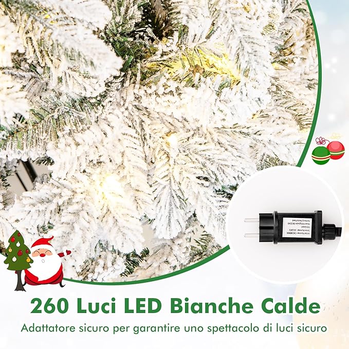 Albero di Natale Innevato 137/180/210 CM, Albero di Natale Artificiale Pre-Illuminato con 120/260/300 Luci LED, 757/1415/1684 Punte e Giunti a Cerniera (180 cm)