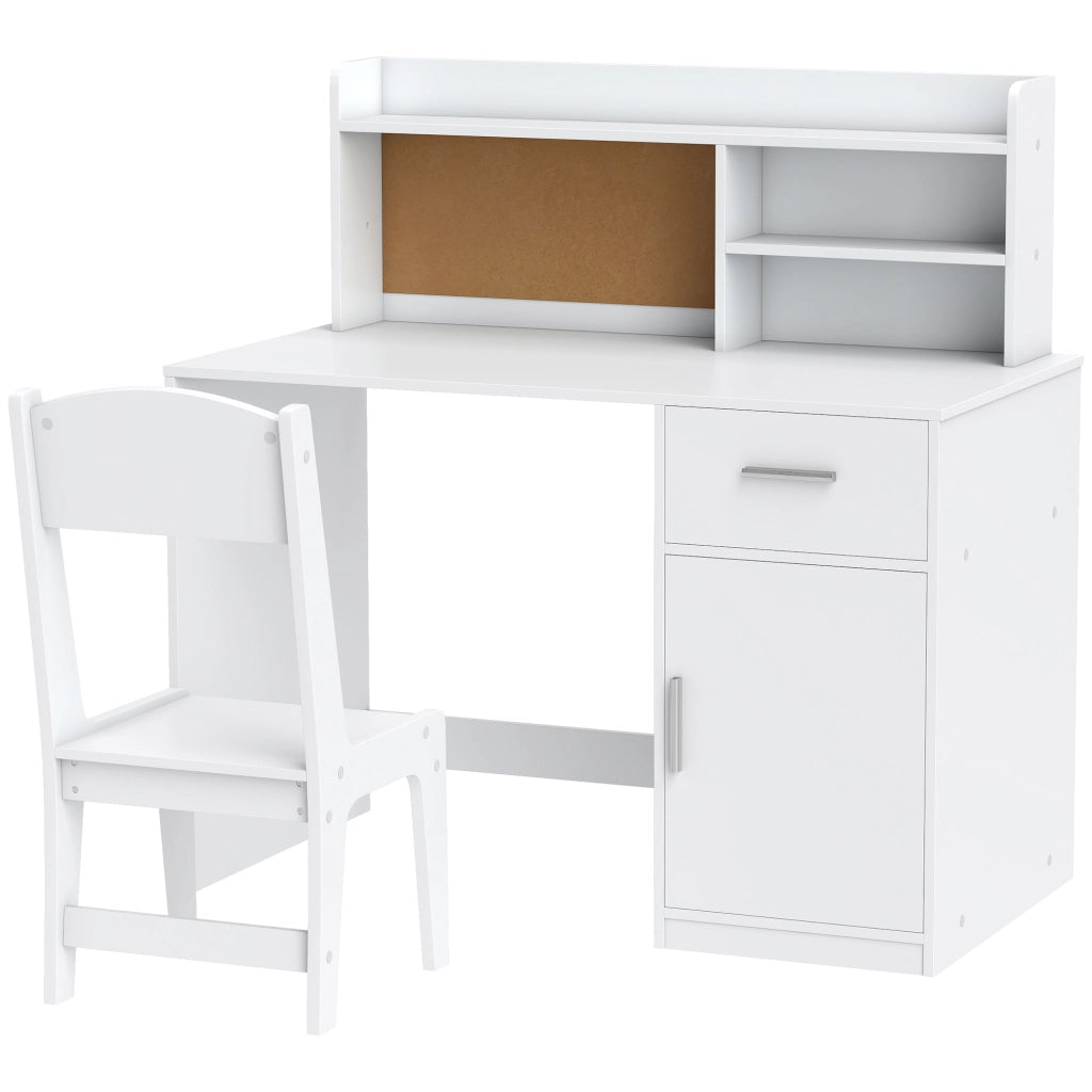 Scrivania per Bambini con Scaffali, Armadietto, Cassetto e Sedia per Bambini Abbinata in MDF Bianco