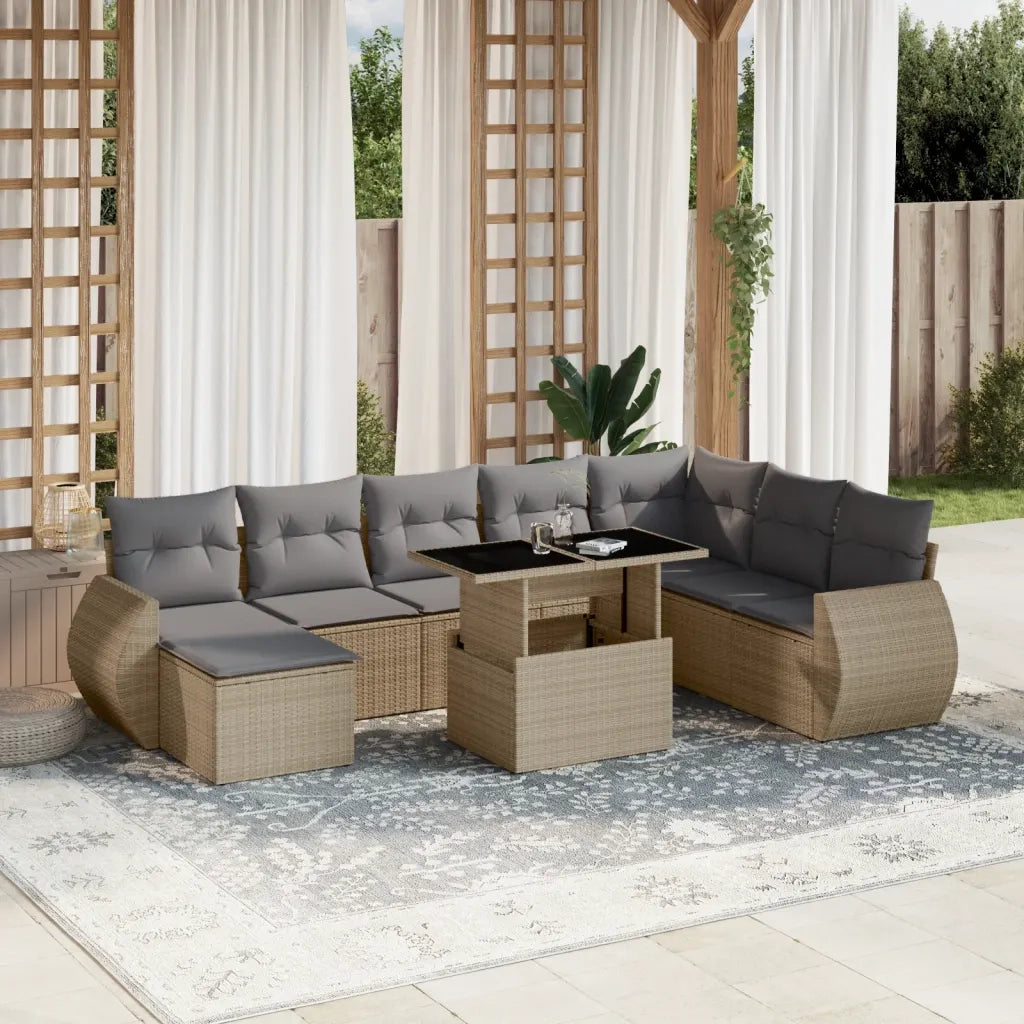 Set Divano da Giardino 9 pz con Cuscini Beige in Polyrattan