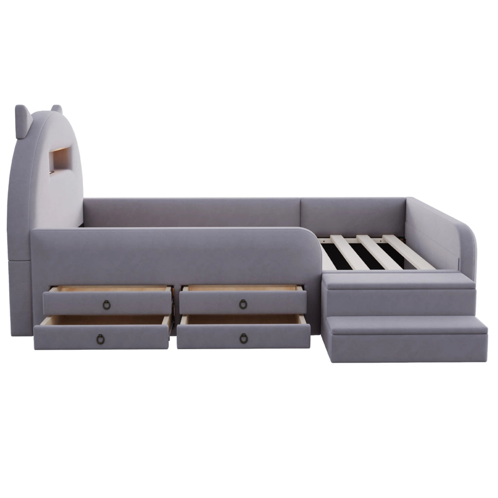Letto imbottito 90x200 cm con contenitore; luce notturna e USB in velluto grigio scuro
