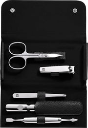 Set di manicure - Set di manicure 5 pezzi set di pedicure in formato da viaggio con trimmer unghie cassetta in pelle vera superficie lucidata acciaio inox nero