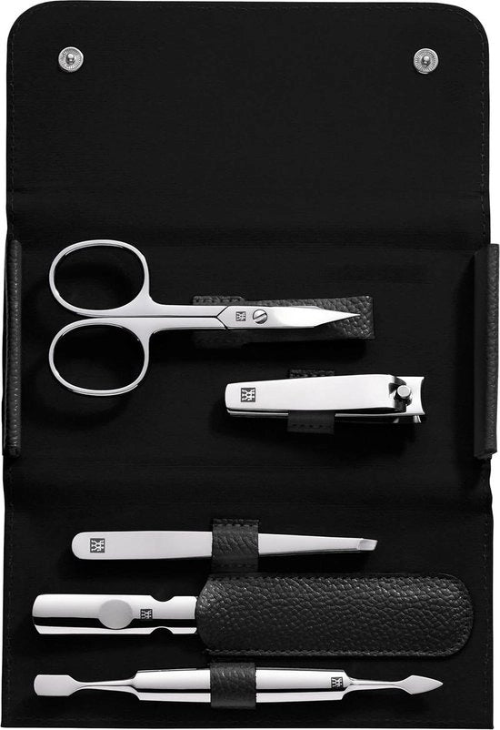 Set di manicure - Set di manicure 5 pezzi set di pedicure in formato da viaggio con trimmer unghie cassetta in pelle vera superficie lucidata acciaio inox nero
