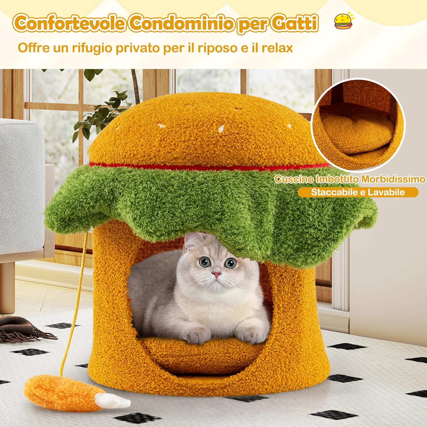 Cuccia per Gatti Carino, Condominio per Gatti a Forma di Hamburger con Cuccia Imbottita, Giocattolo Morbido Sospeso e Cuscino Morbido Rimovibile e Lavabile, Casa per Gattini, 37 x 37 x 41 cm