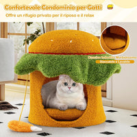 Cuccia per Gatti Carino, Condominio per Gatti a Forma di Hamburger con Cuccia Imbottita, Giocattolo Morbido Sospeso e Cuscino Morbido Rimovibile e Lavabile, Casa per Gattini, 37 x 37 x 41 cm