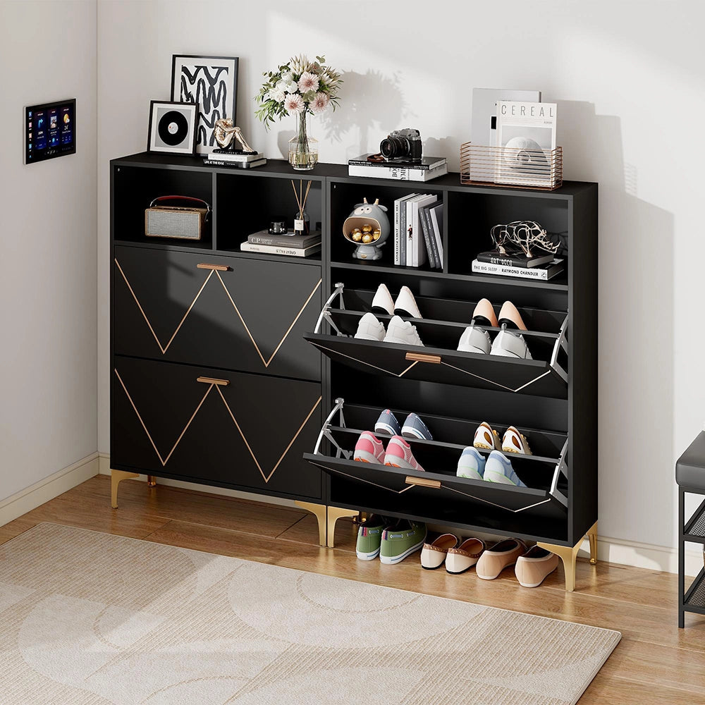 Armadio porta scarpe 4 ante - Xylo - 8 scomparti, 4 ripiani aperti, piedi rialzati, MDF e metallo