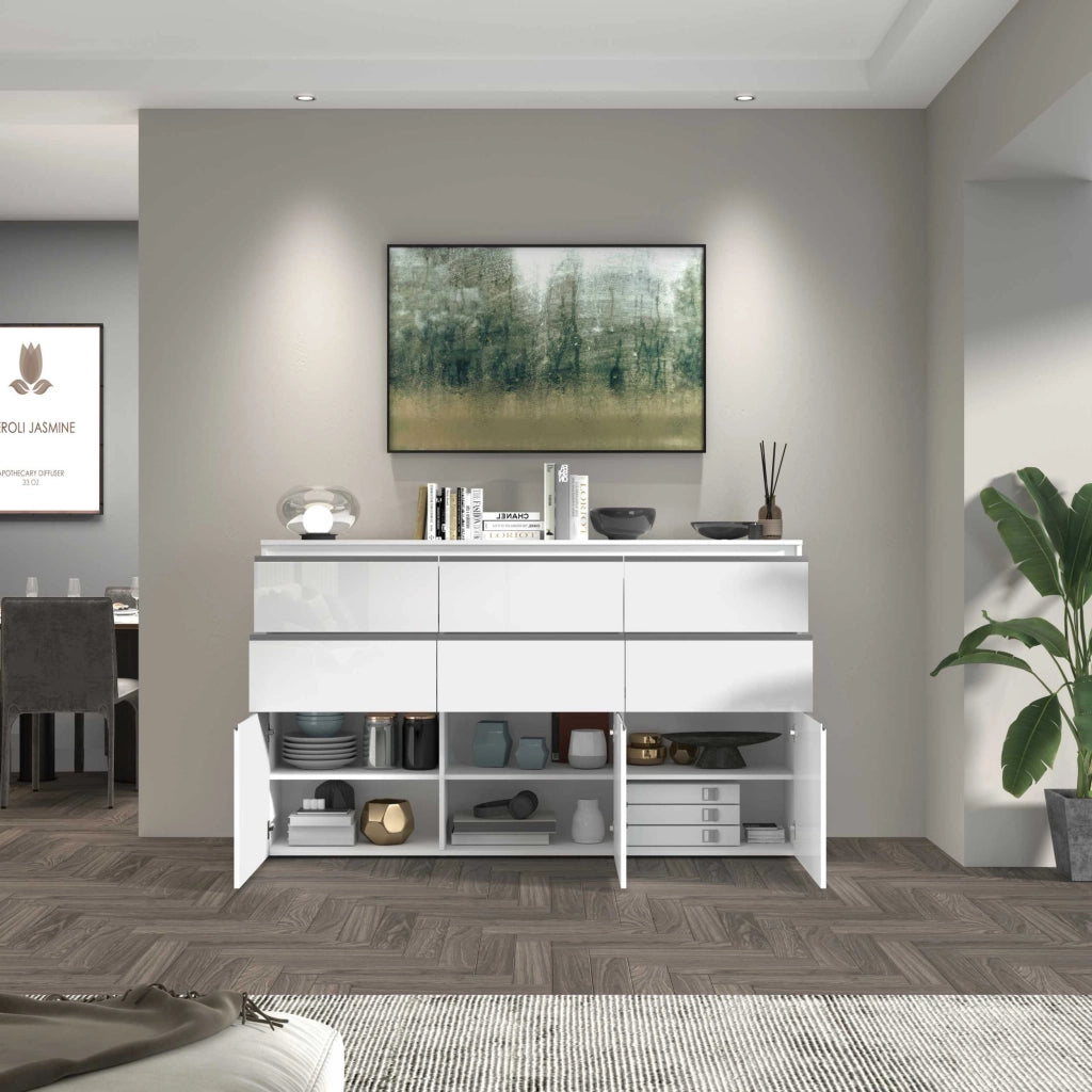 WHOUS Credenza a cassettiera Magic 3 ante e 6 cassetti bianco lucido 180x40x105 cm