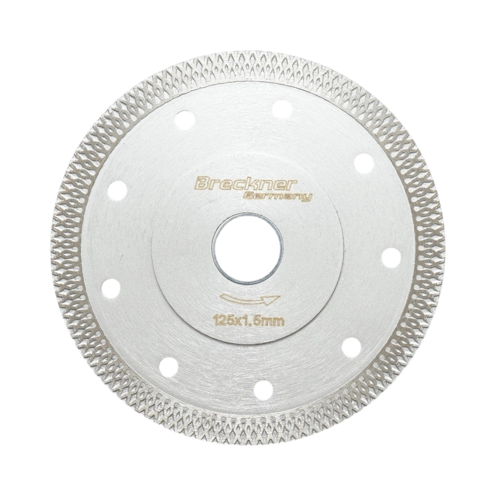 Disco diamantato turbo continuo 125 × 1,5 × 22,23 mm, taglio a umido/secco per ceramica dura, gres porcellanato, piastrelle. Breckner Germany