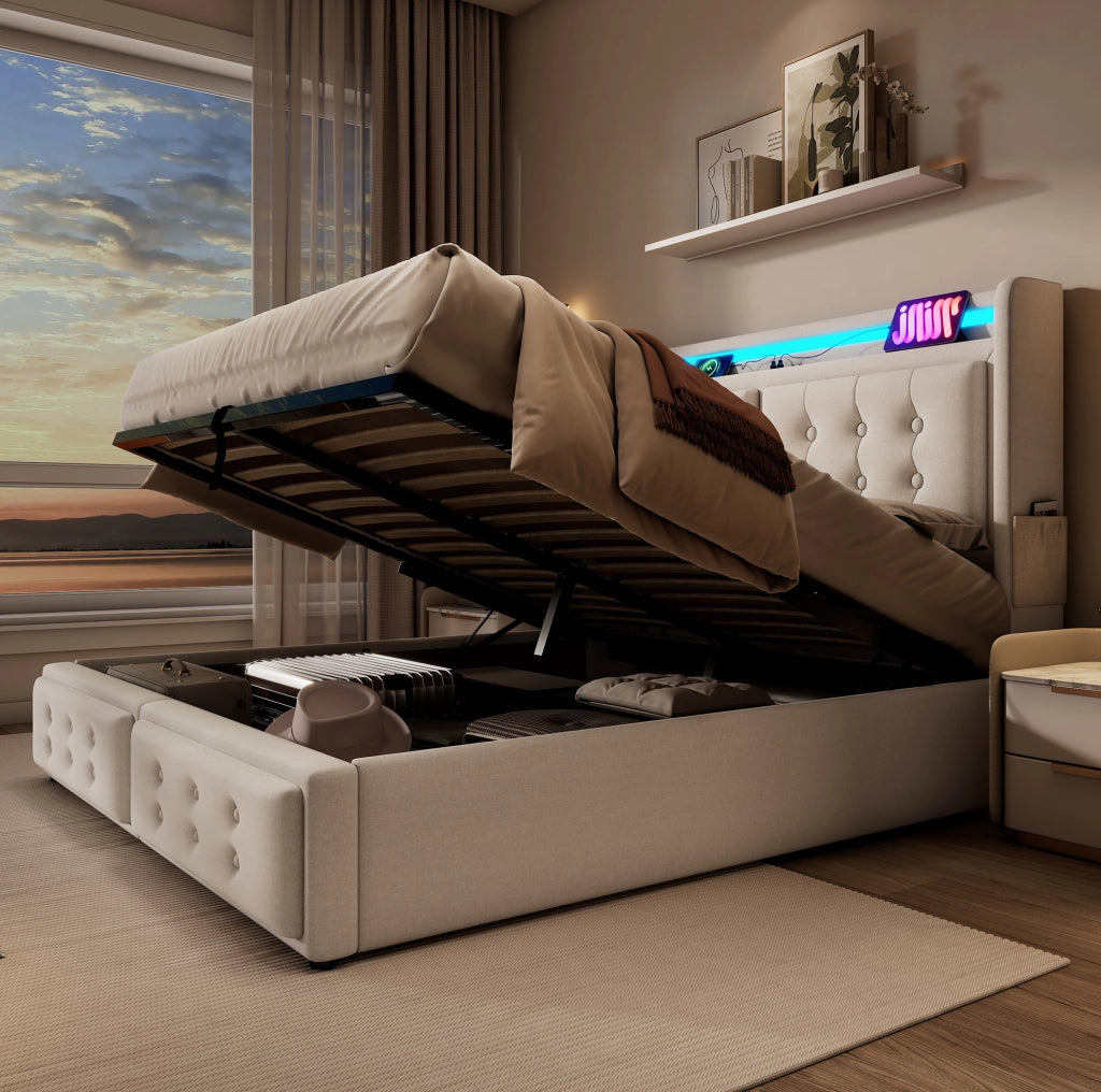 Letto matrimoniale 140x200 cm con contenitore; testiera con prese USB e Type-C; LED; beige