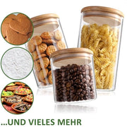 Set di contenitori per la conservazione degli alimenti a 3 pezzi con coperchio in bambù - contenitori per la conservazione degli alimenti - vetro borosilicato rinforzato a chiusura ermetica - 0,6L / 0,9L / 1,2L (03 pezzi - 600/900 / 1200ml)