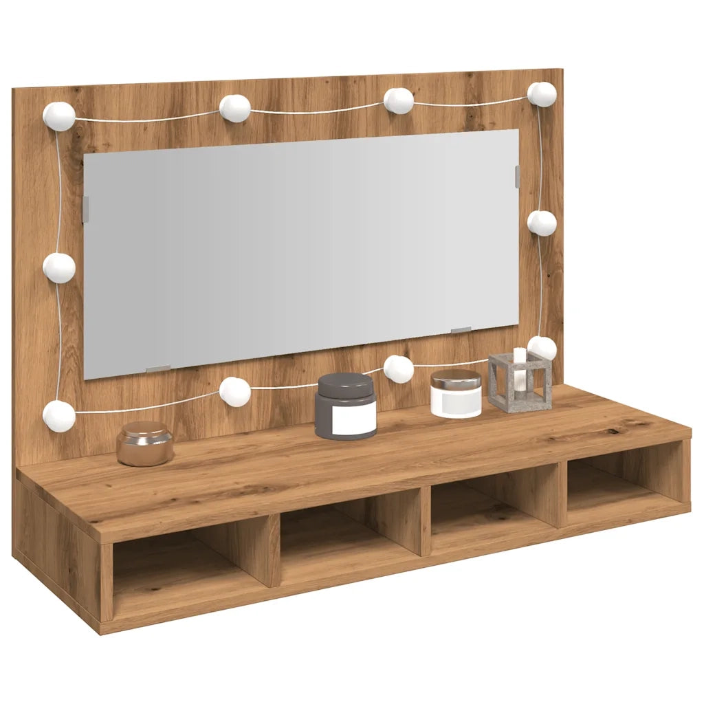 Mobiletto a specchio con LED in rovere artigianale 90x31,5x62 cm 857006