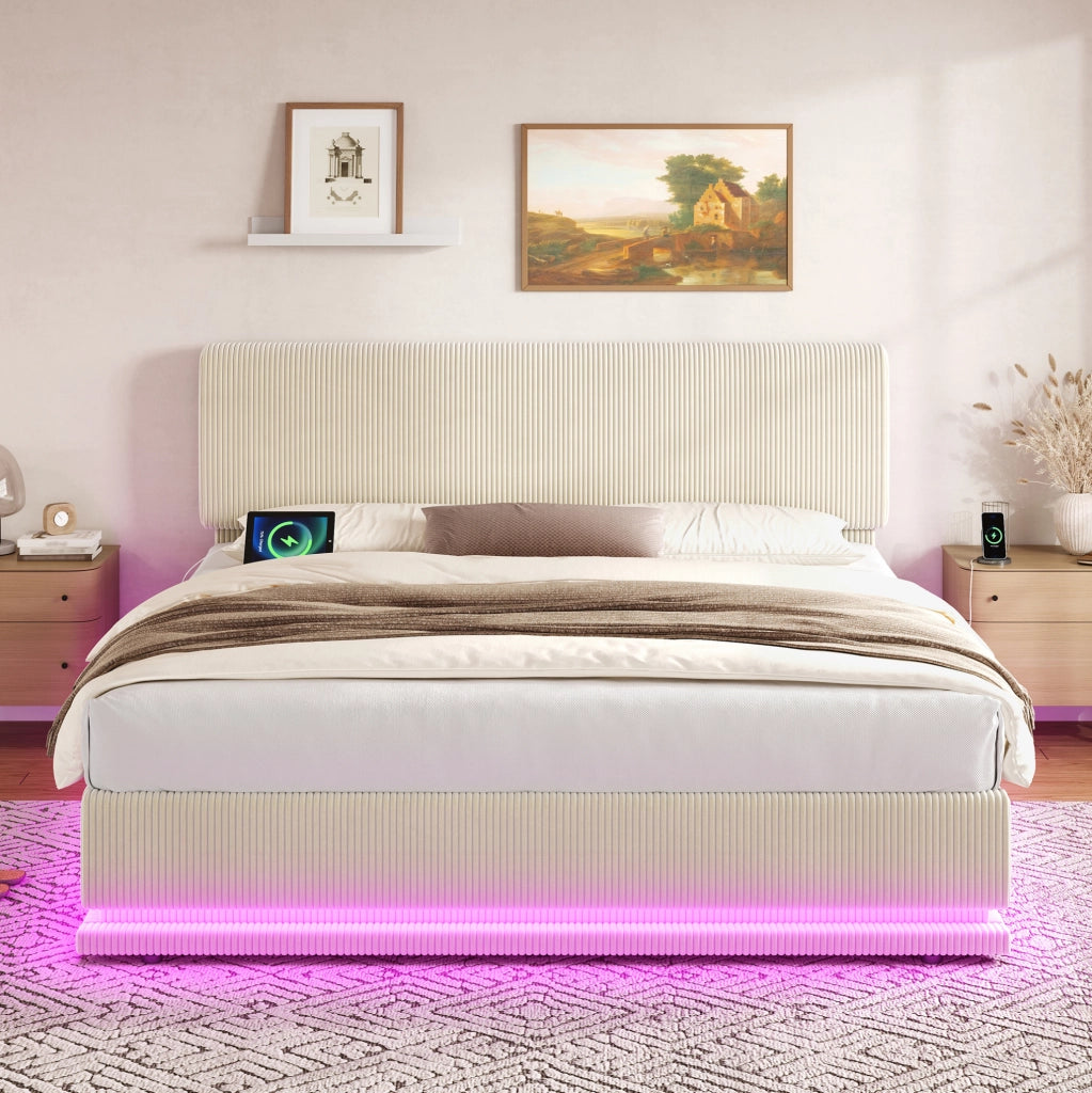 Letto matrimoniale imbottito 180x200 cm in tessuto corduroy beige; testiera regolabile con LED e USB-C