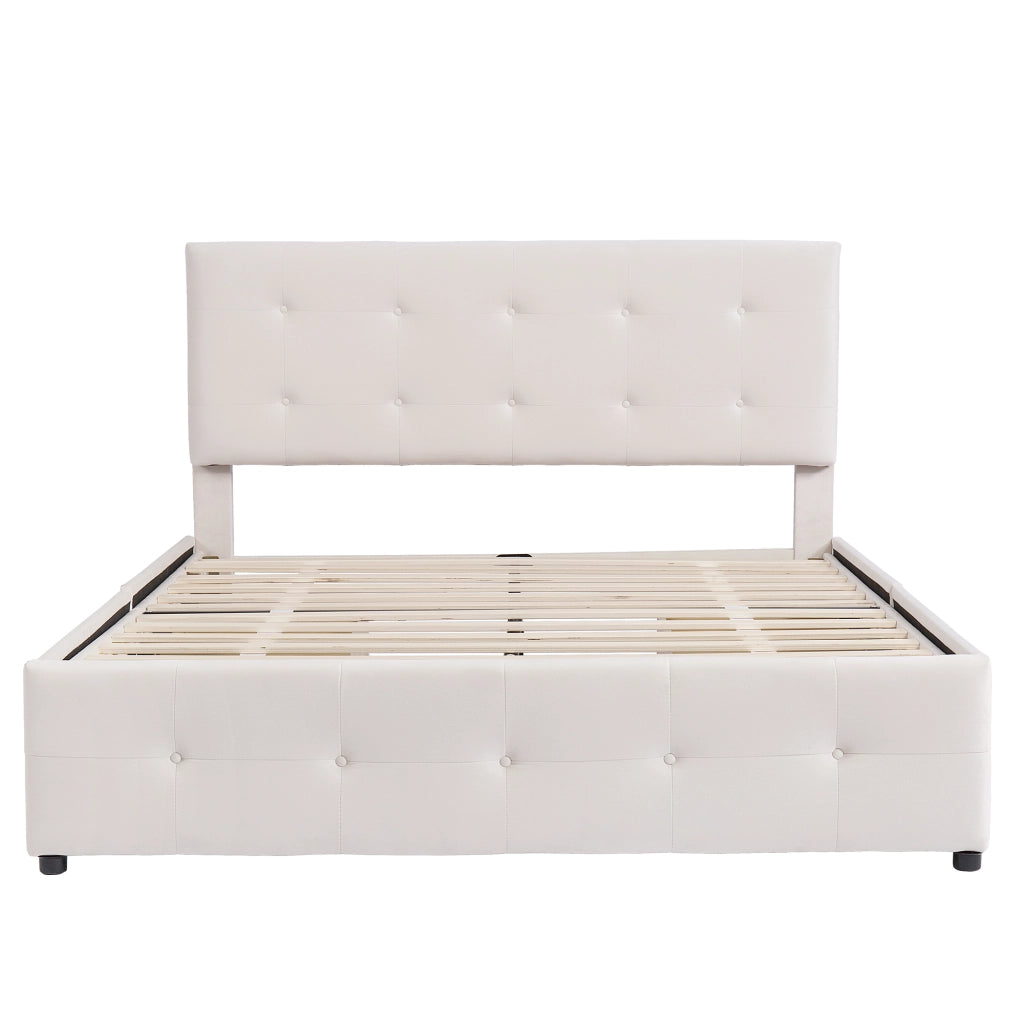 Letto con Cassetti 140x200 cm; Letto Matrimoniale; 4 Cassetti in Velluto Beige