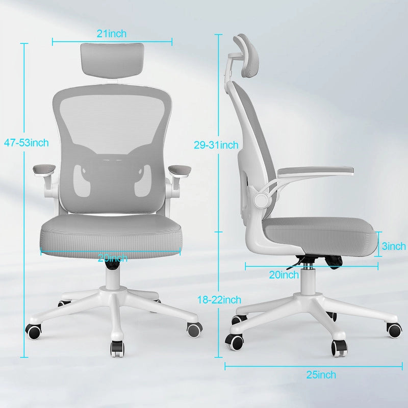 Sedia da ufficio - HAMLODY Poltrona ergonomica con braccioli 2D, altezza poggiatesta supporto lombare schienale regolabile grigio