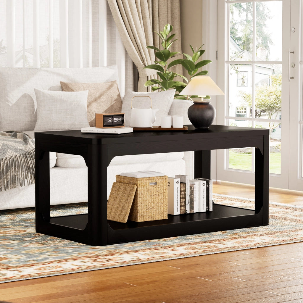 Tavolino basso con 2 vani contenitore, stile moderno, per soggiorno e camera da letto, in MDF, nero, 100 × 50 × 44,5 cm