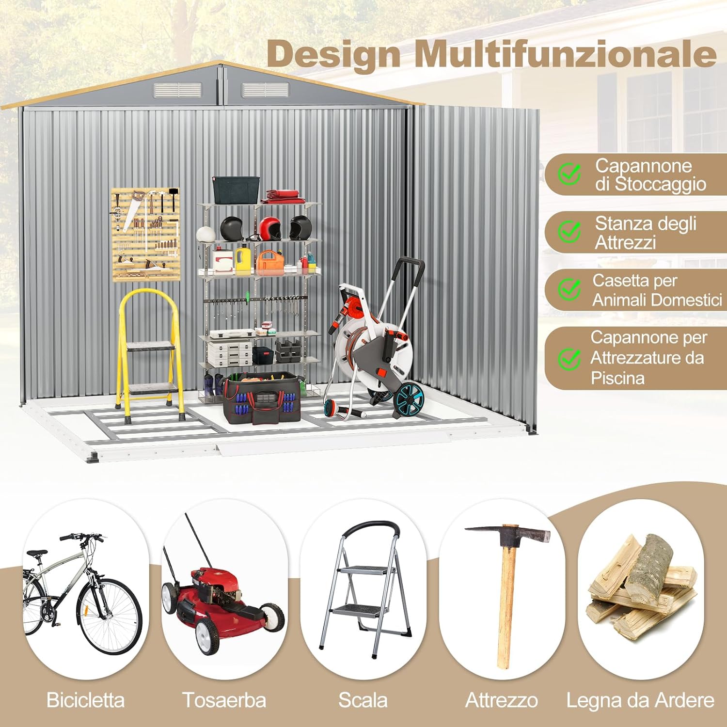 Casetta da Esterno, Capanno Porta Attrezzi con Porte Scorrevoli, Maniglie, Sfoghi e Tettoia, Casetta da Giardino in Lamiera di Acciaio e Lamiera Zincata (259 x 196 x 184 cm)