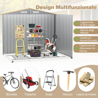 Casetta da Esterno, Capanno Porta Attrezzi con Porte Scorrevoli, Maniglie, Sfoghi e Tettoia, Casetta da Giardino in Lamiera di Acciaio e Lamiera Zincata (259 x 196 x 184 cm)