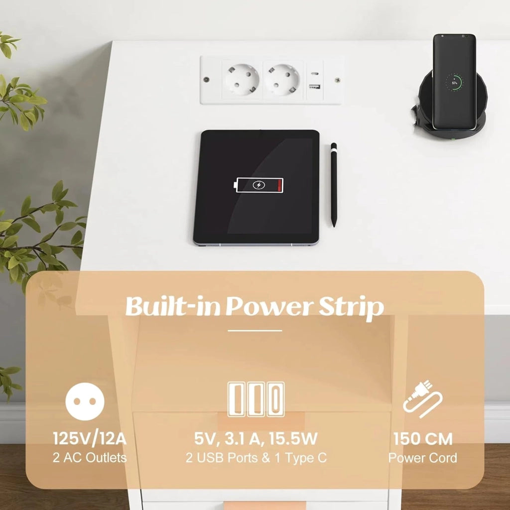 Scrivania per Casa con Presa Elettrica, Scrivania da 105 CM con 3 Cassetti e Scomparto Aperto, Postazione di Lavoro Moderna per Computer con Porte USB e Tipo-C, per Studio o Camera da Letto