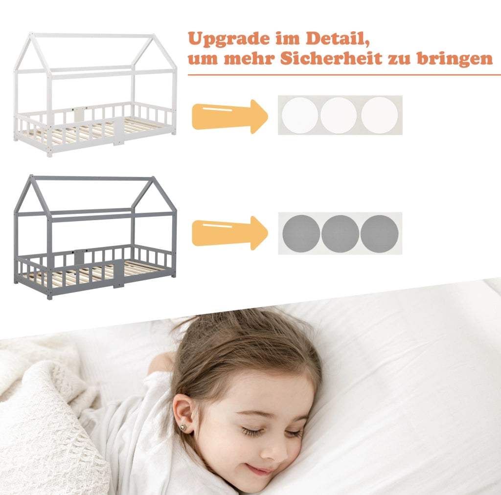 Letto a casetta per bambini 90x200 cm in legno di pino grigio; con lavagna e sponda anticaduta