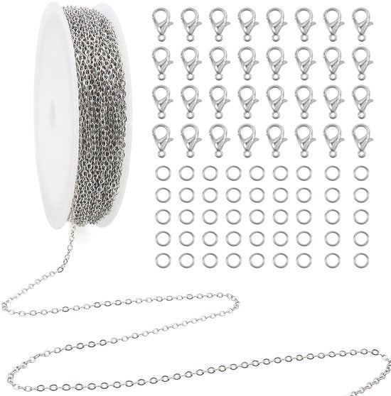 Catena di collegamento 10 m - Acciaio inossidabile - 100 Anelli elasticizzati - 40 Chiavi di serraggio - Leggera - Duratura - Catena decorativa