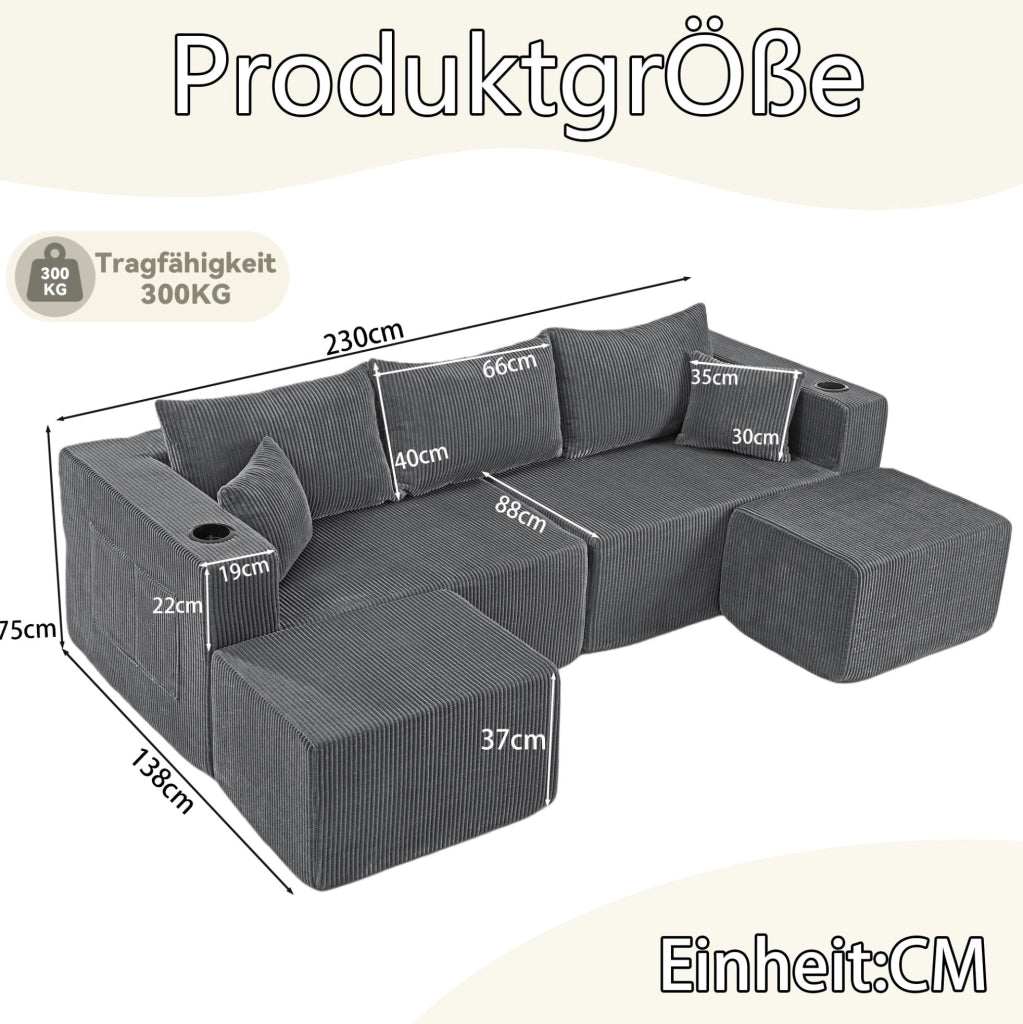 Divano angolare modulare 3 posti a L con pouf mobili; portabicchieri; tasche laterali e cuscini