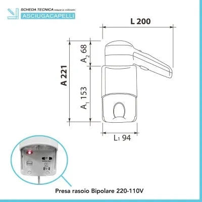 Asciugacapelli da parete 1200W con presa universale per rasoio