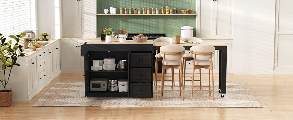 Carrello da cucina con piano estraibile, 3 cassetti, ripiani regolabili e portaspezie per cucina e pranzo, in MDF e PB, nero