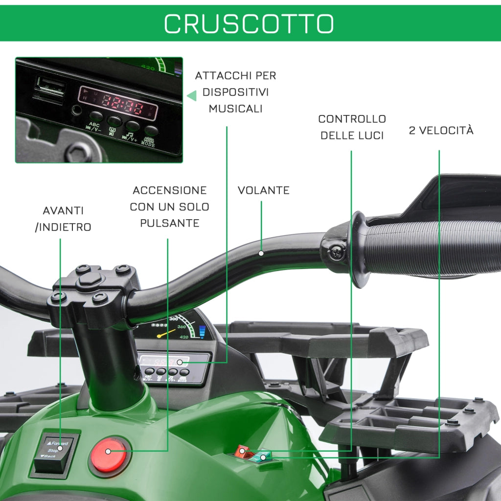 EasyComfort Quad per Bambini Elettrico 12V con Fari e Batteria Ricaricabile, Età 3-5 Anni, 100x65x73cm, Verde
