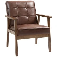 Poltrona in pelle sintetica, schienale capitonné, gambe in legno massiccio, 64x66x80cm, Marrone