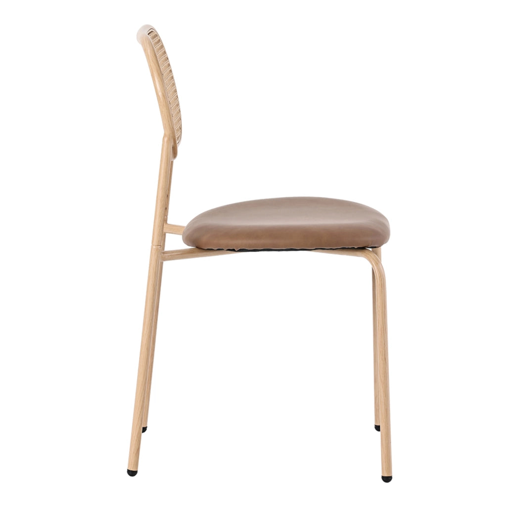 Set di 4 sedie da pranzo in PU marrone con schienale in rattan naturale