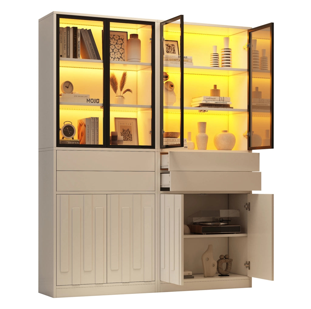 Set di 2 vetrine con LED Bluetooth; 4 ante in vetro e 2 cassetti; truciolare bianco