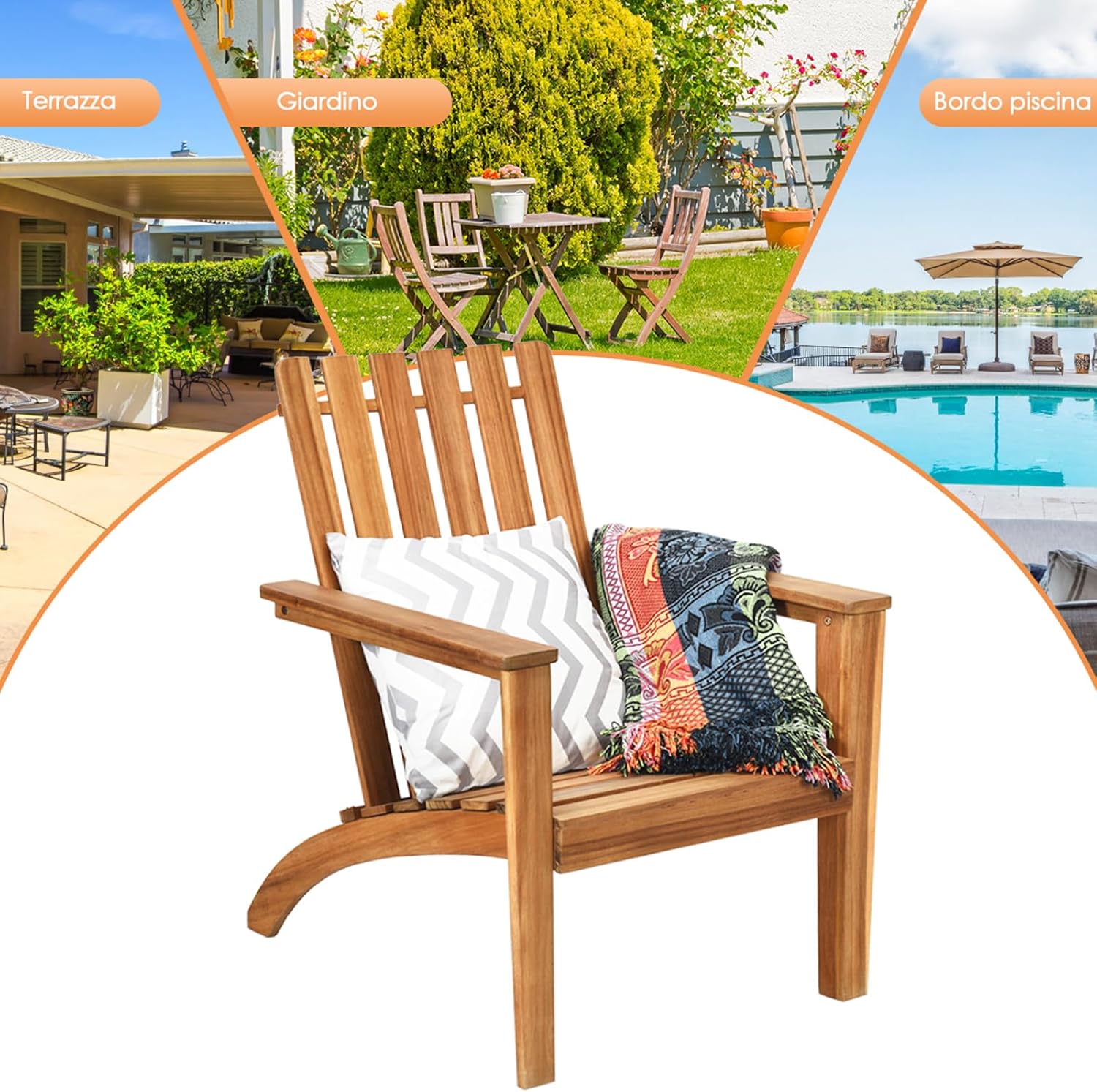 Sedia da Giardino in Legno, Sedia Bassa con Braccioli da esterno, Poltrone per Cortile, Piscina, Balcone e Giardino, Capacità di Carico 160 kg, 73 x 68 x 85cm (Naturale)