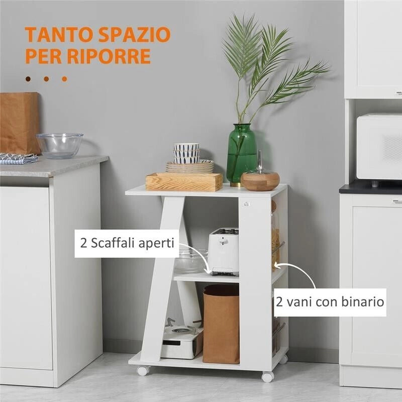 CARRELLO DA CUCINA MODERNO IN LEGNO CON 2 RIPIANI E RUOTE 60X38X77CM BIANCO