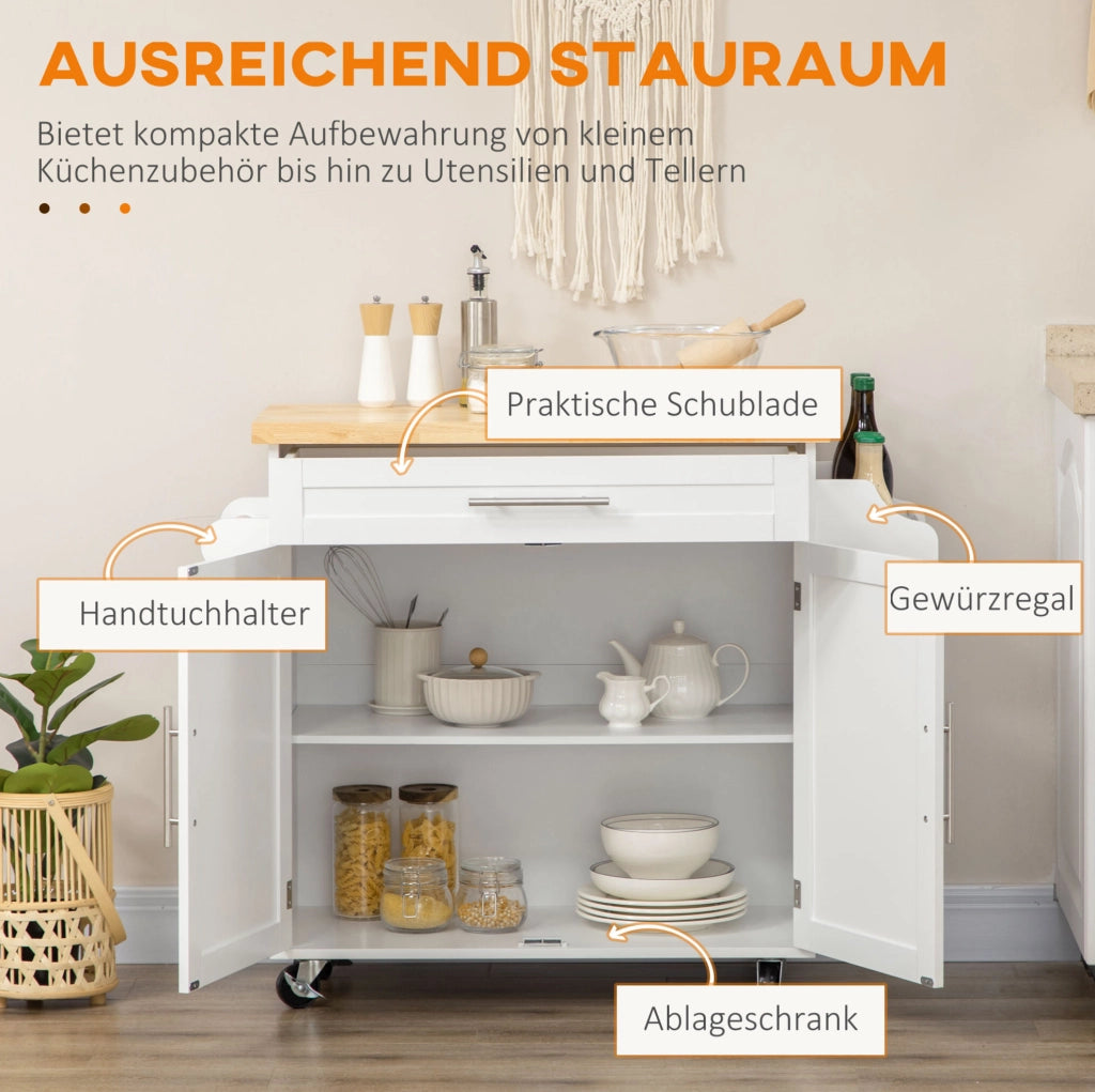 Carrello da cucina 109x40x89 cm bianco con piano, vani e ruote