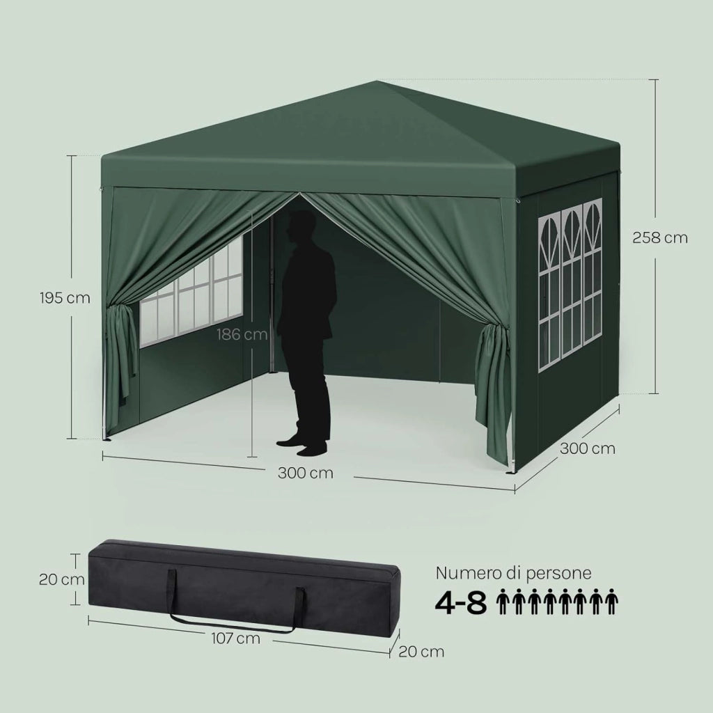 Gazebo da Giardino Richiudibile 3x3m Gazebo da Esterno Ferro Regolabile in Altezza Tendone Pieghevole con Telo Idrorepellente, Protezione Solare, Facile Montare Verde
