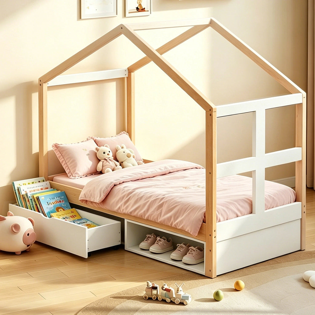 Letto per bambini 90 × 190 cm con cassetto contenitore, scarpiera e LED multicolore, senza materasso, legno naturale