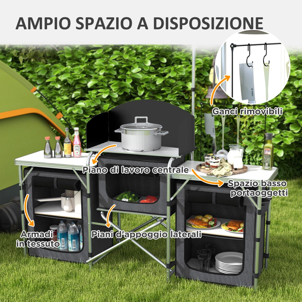 Cucina da Campeggio Pieghevole a 3 Piani con 5 Ripiani Interni e 4 Ganci, 172x48x130 cm, Nero
