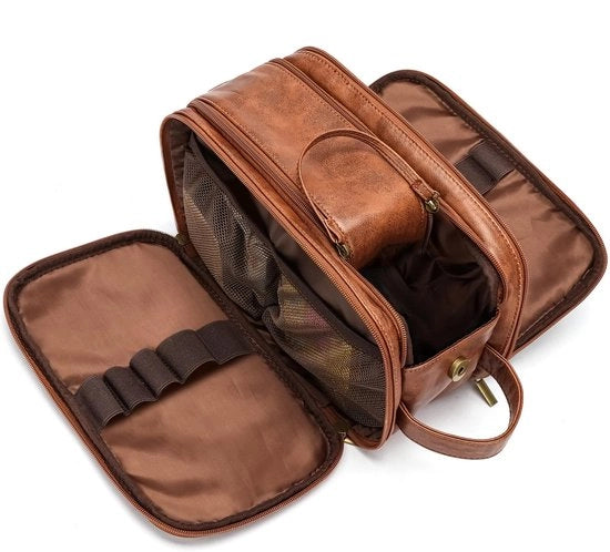Toilette per Uomo in PU pelle, piccola toilette impermeabile per viaggi, organizzatore di toilette per uomo, kit doppio con tasca asciutta e tasca umida.