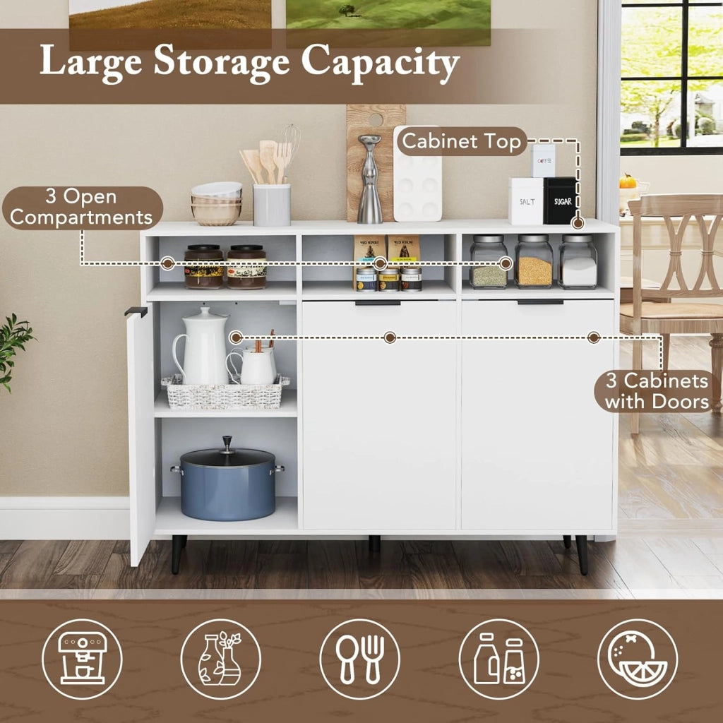 Credenza da Buffet con 3 Ante, Mobilellto da Cucina con Ripiani Regolabili in Altezza, 3 Scomparti Aperti e 3 Armadi, Armadietto Autoportante per Bar, Soggiorno e Sala da Pranzo, Bianco