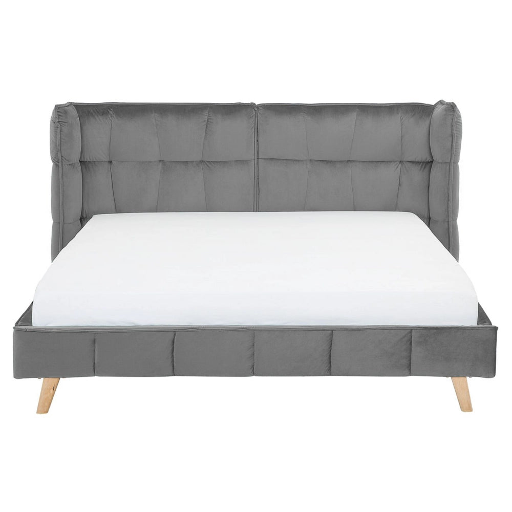 Letto Tappezzeria trapuntata in velluto grigio Gambe in legno chiaro 160 x 200 cm doghe con testiera regolabile Wingback