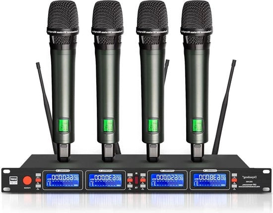Set di microfoni wireless professionale 4 canali per karaoke con ricezione fino a 100 m per eventi da palco e matrimoni