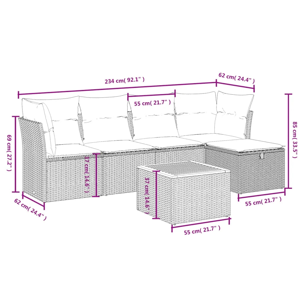 Set Divano da Giardino 6 pz con Cuscini Grigio in Polyrattan