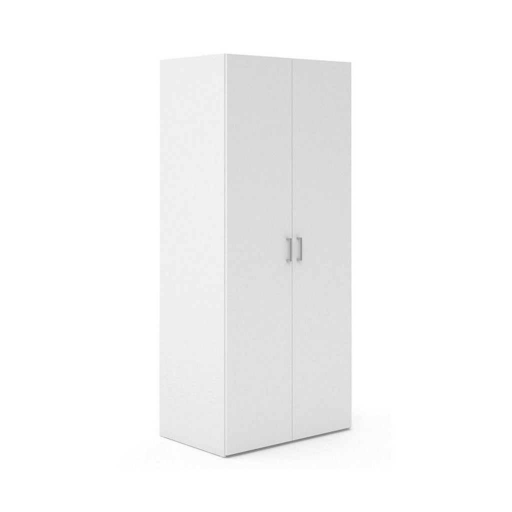 Armadio guardaroba a due ante battenti con due ripiani interni e barra Alibabba, colore bianco, Misure 77 x 175 x 49 cm