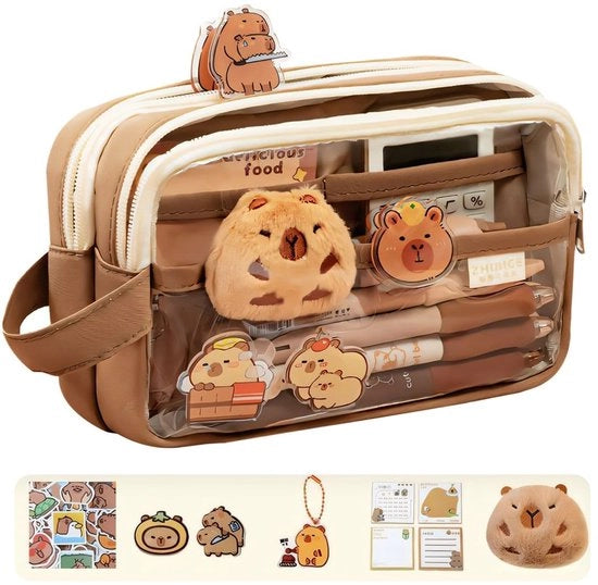Etui trasparente per ufficio con compartimenti, apertura ampia, per accessori, cosmetici, articoli da toeletta, multicolore