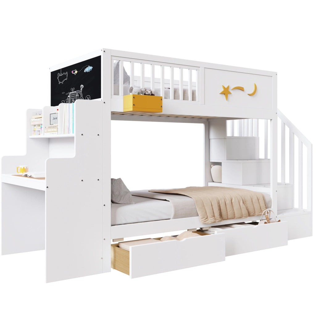 Letto a castello per bambini 90x200 cm con scrivania; 2 cassetti e scala; bianco
