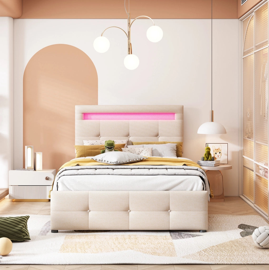 Letto singolo 90x200 cm con LED; 2 cassetti e testiera regolabile; beige