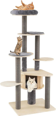 Albero per Gatti Alto 172 cm, Tiragraffi per Gatti con Posatoio Imbottito Superiore, Rifugio Privato per Gatti, Tappetini Staccabili, Pali per Graffi e Base Stabile